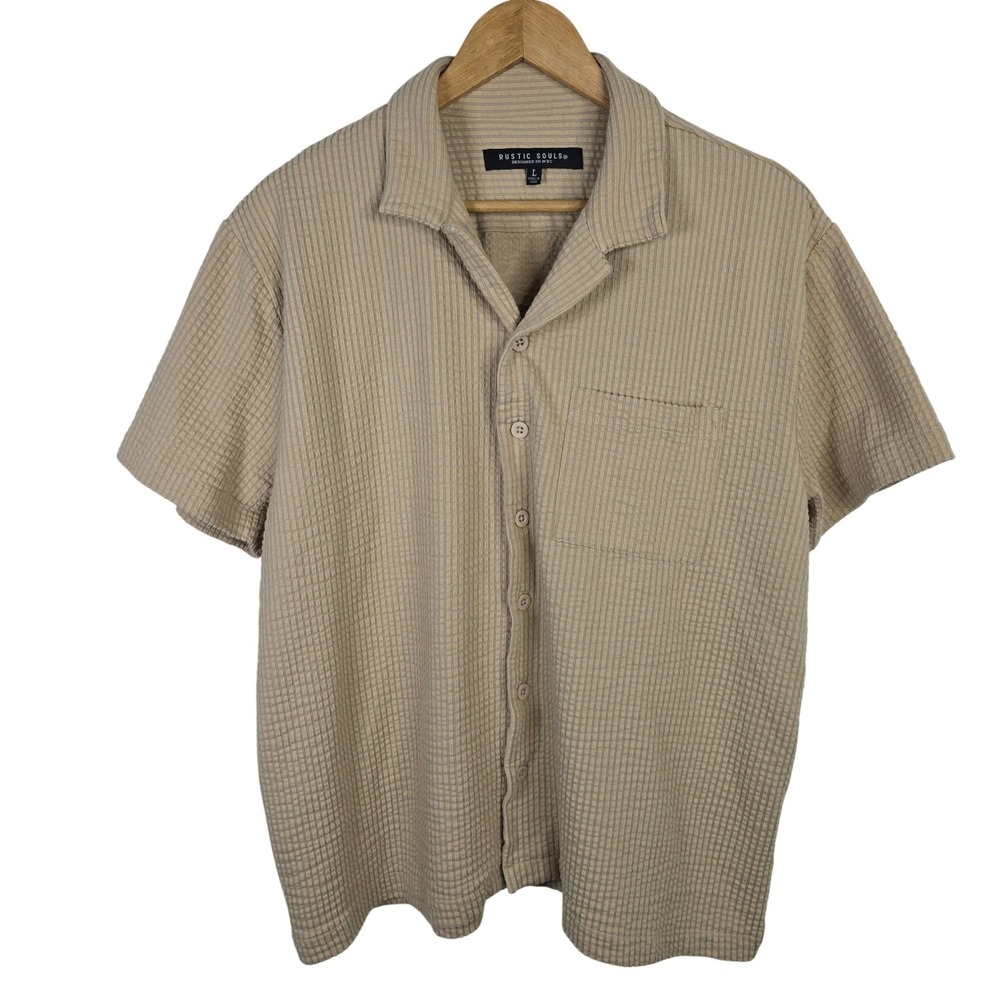 Rustic Souls Mens Large Tan Seersucker Textured Short Sleeve Camp Collar Shirt